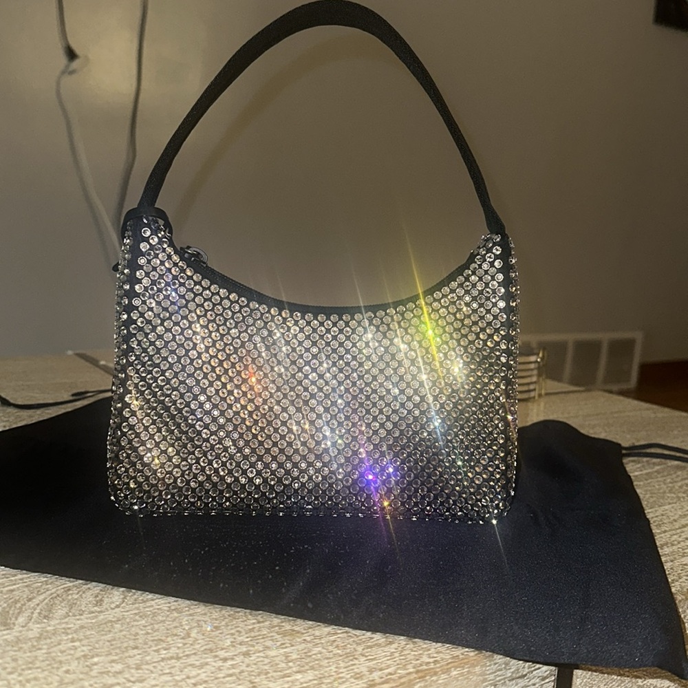 Prada Re-Edition 2000 Black Satin Mini Bag w/ Crystals - Picture 8 of 13
